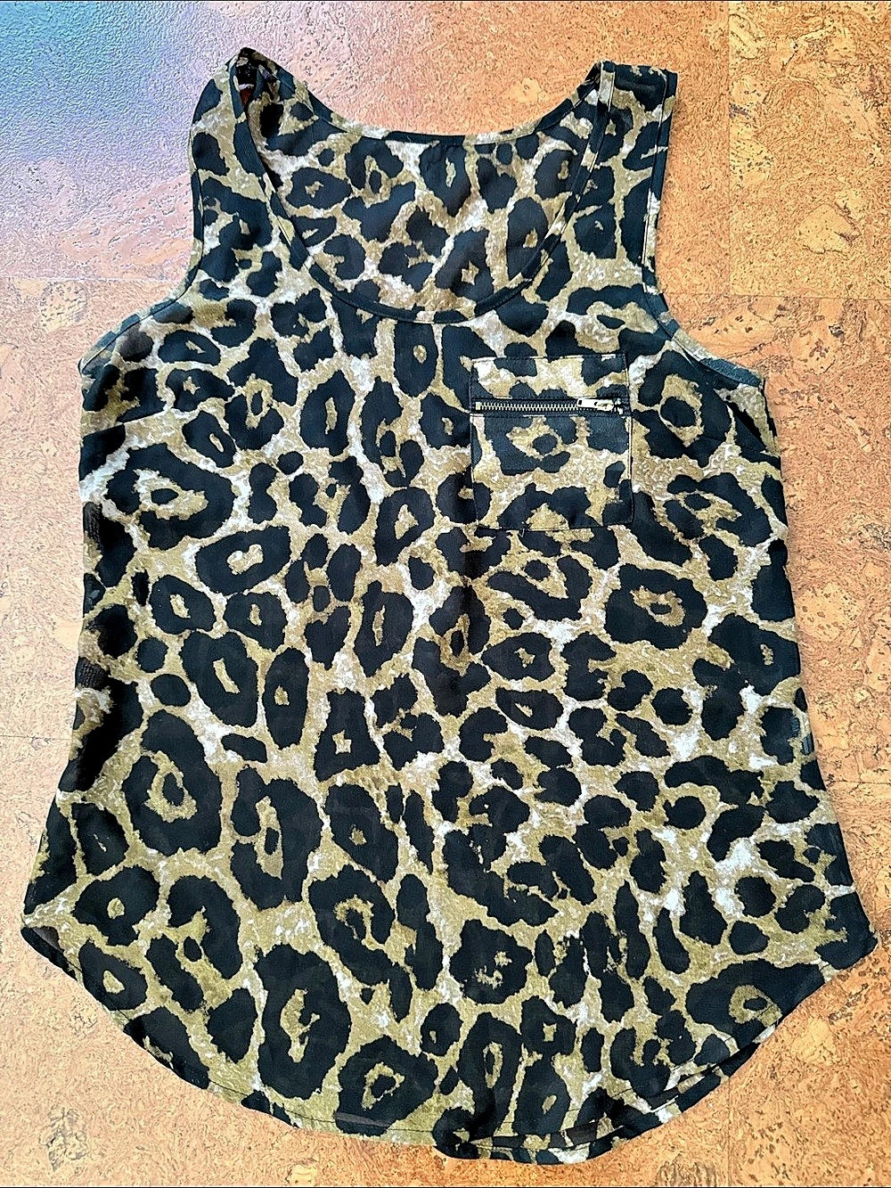 Leopard Print Sheer Sleeveless Tank in Black & Gold Like New - Small